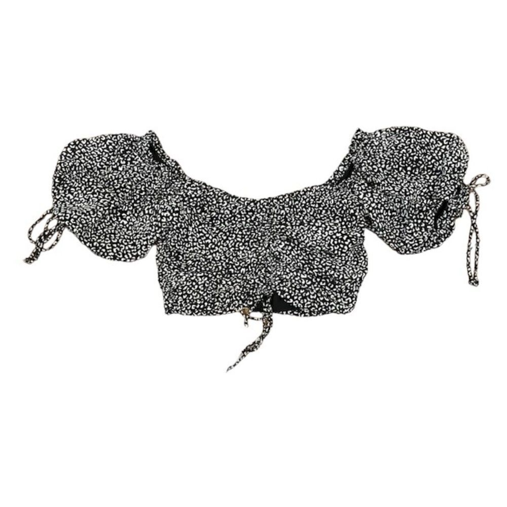 Victoria + Sophia Cropped Top Ties and Puff Sleeve Black White Zip Back S